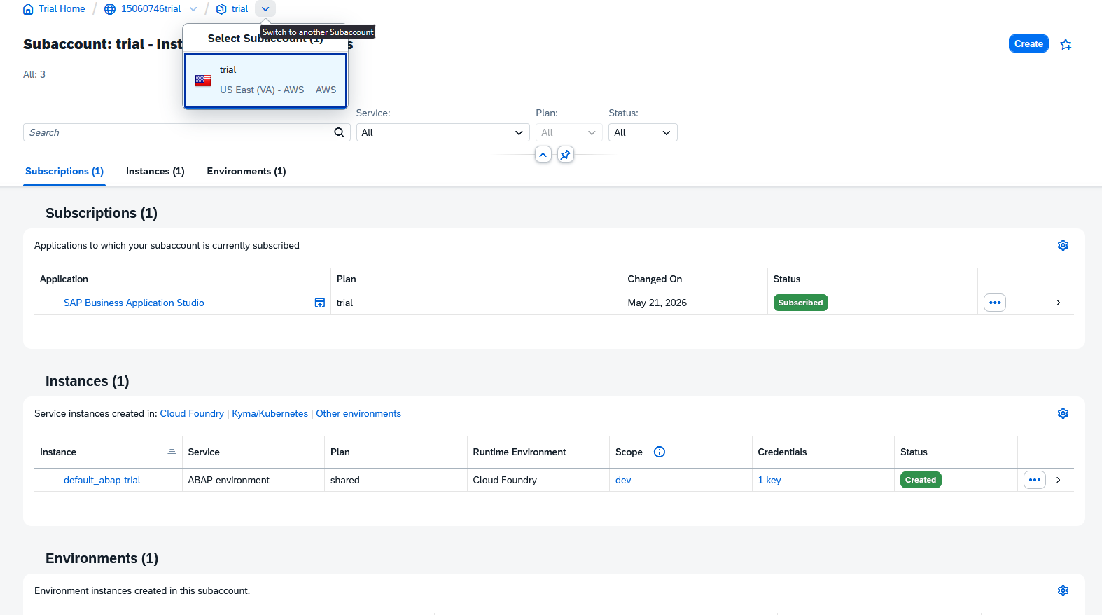 SAP BTP Subaccount Trial Overview