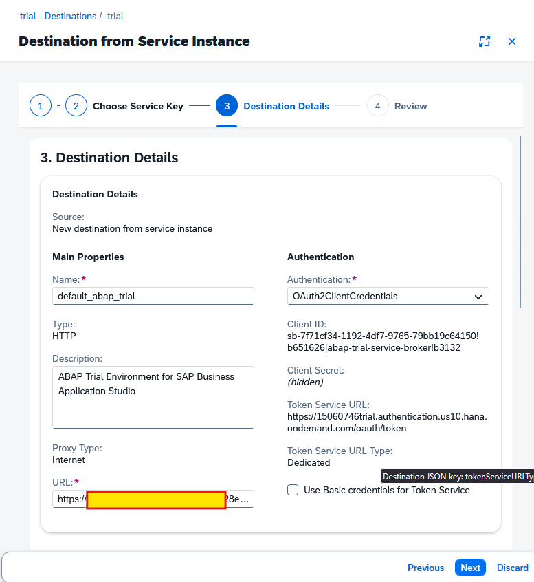 Destination Details ABAP Trial Configured